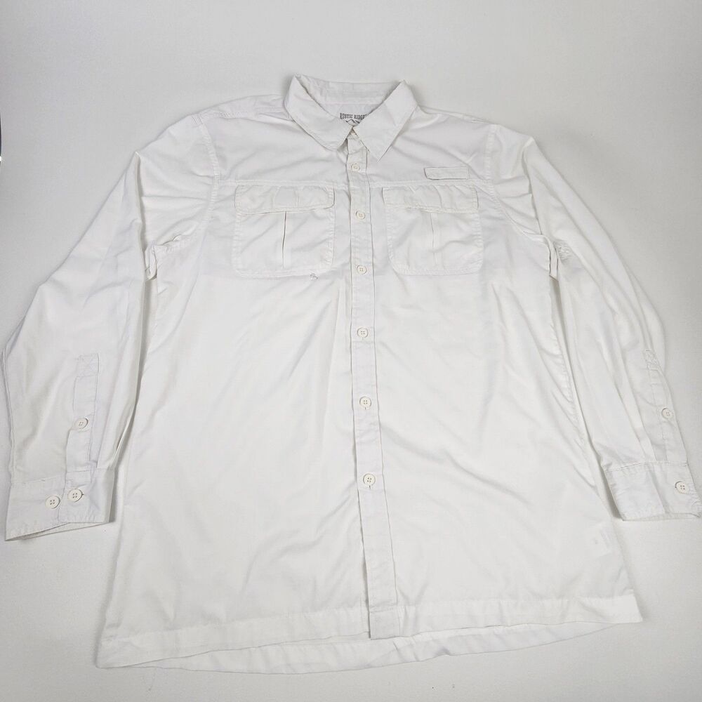 Rustic Ridge Mens Large White Fishing Shirt Long Sleeve Vented Outdoor Hiking